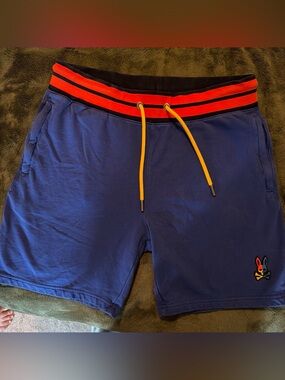 Psycho Bunny Navy Athletic Shorts with Red-Trim Waistband and Yellow Drawcord